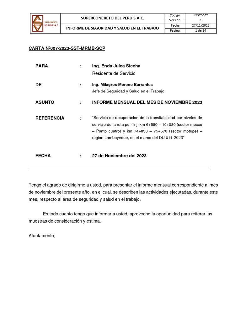 Informe Mensual SST Noviembre 2023 | PDF | Seguridad y salud ...