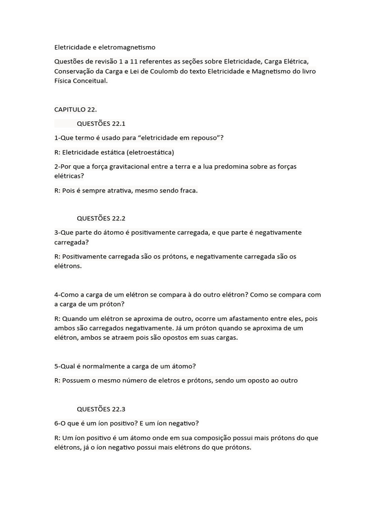 questões de revisão(eletricidade,cargas elétricas, conservação da carga, Lei de coulomb) PDF