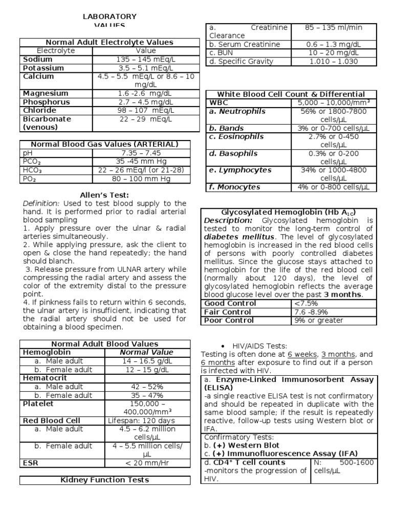 Normal Blood Gas & Lab Values Guide | PDF | Glycated Hemoglobin | White ...