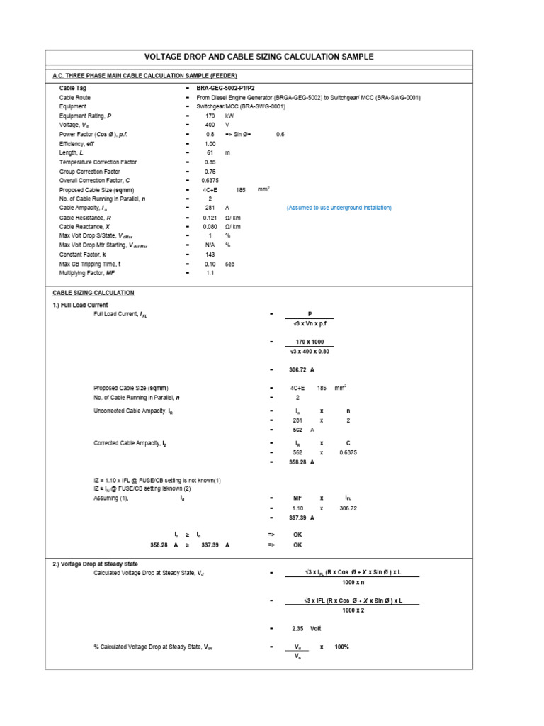 Voltage Drop and Cable Sizing Calculation PDF Electrical Engineering Electricity