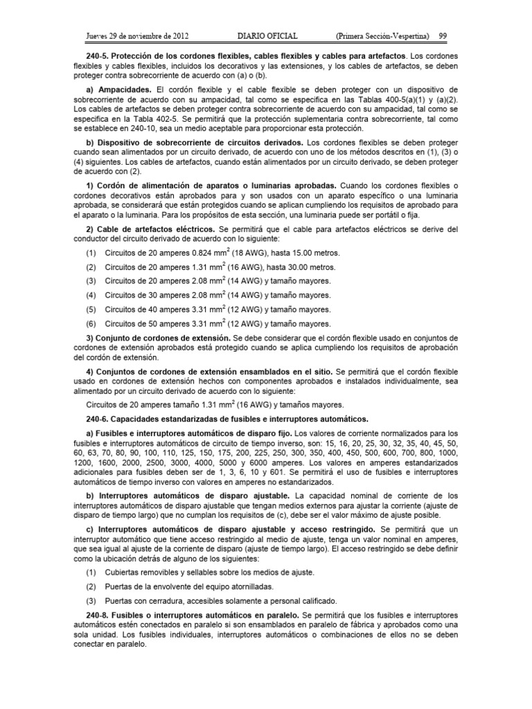 Tablas Nom001Sede2012 PDF Conductor electrico Fusible (Eléctrico)