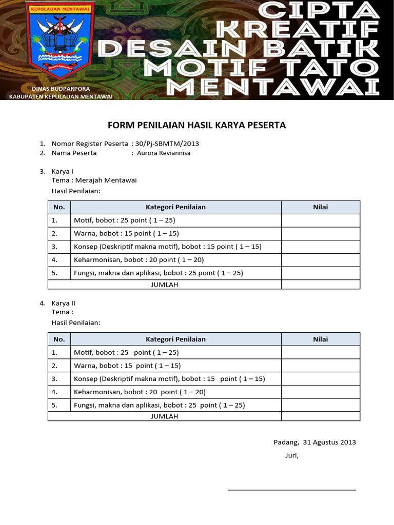 Form Penilaian Hasil Karya Peserta | PDF