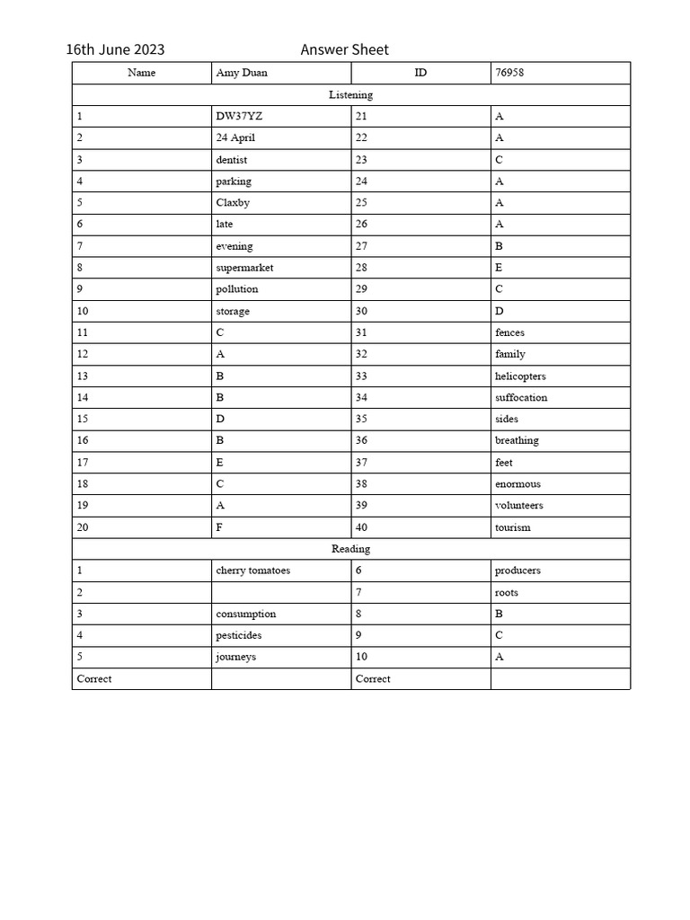 16th June 2023 Answer Sheet Amy 76958 Pdf