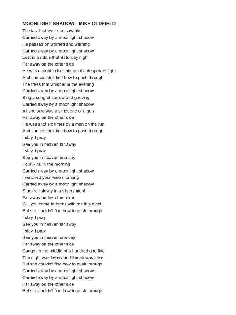 Moonlight Shadow Lyrics Analysis | PDF | Heathcliff (Wuthering Heights)