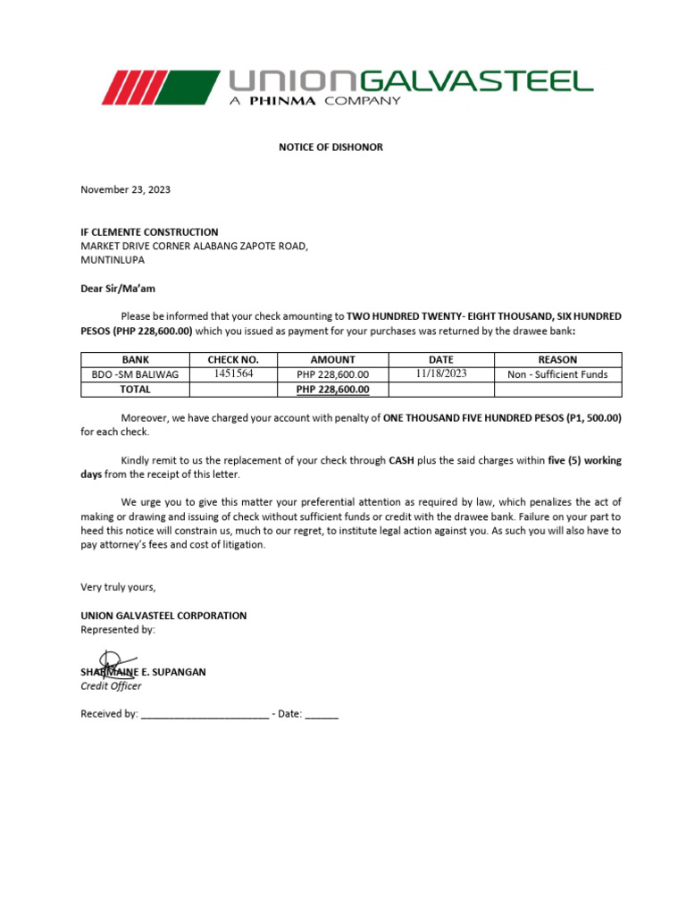 Notice of Dishonor for Returned Check | PDF | Finance & Money ...
