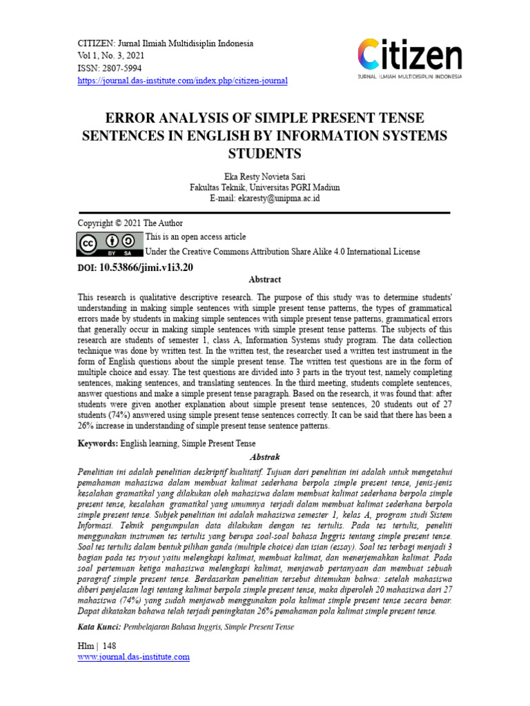 Error Analysis of Simple Present Tense Sentences in English by ...