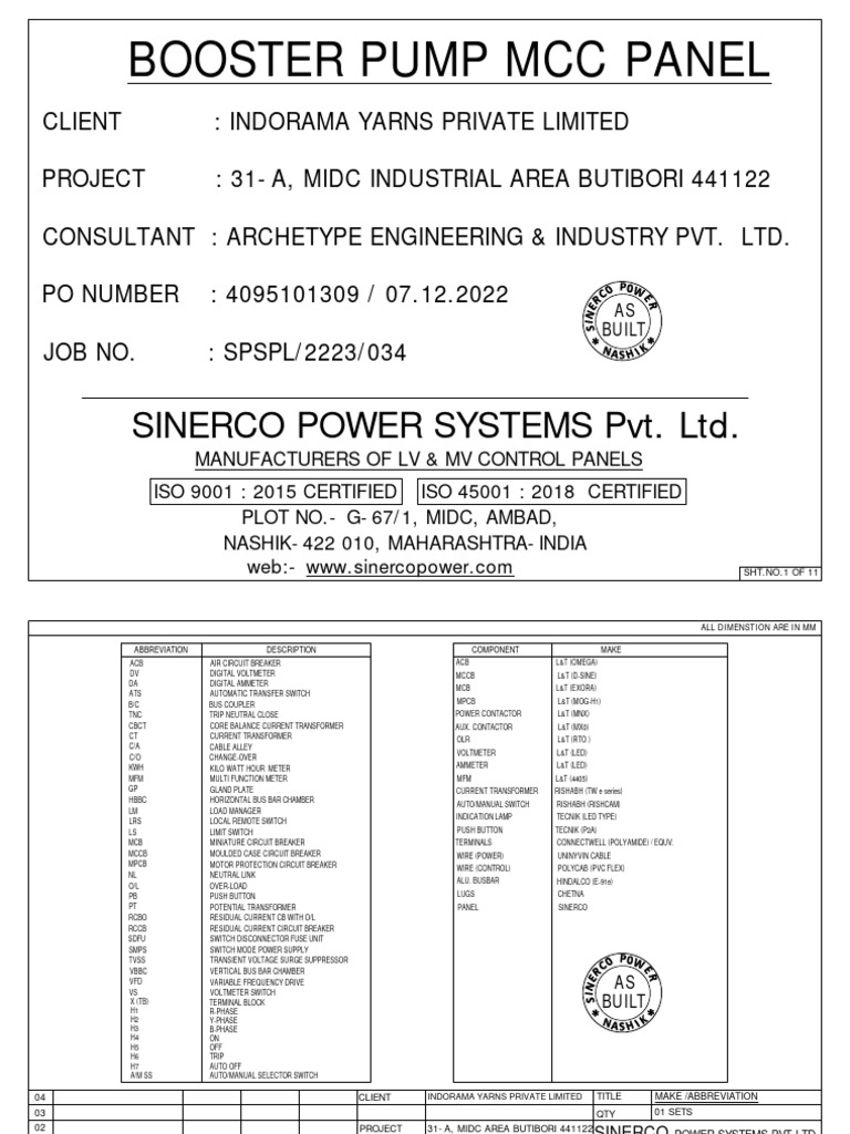 Booster Pump MCC Panel Drawing | PDF | Relay | Switch