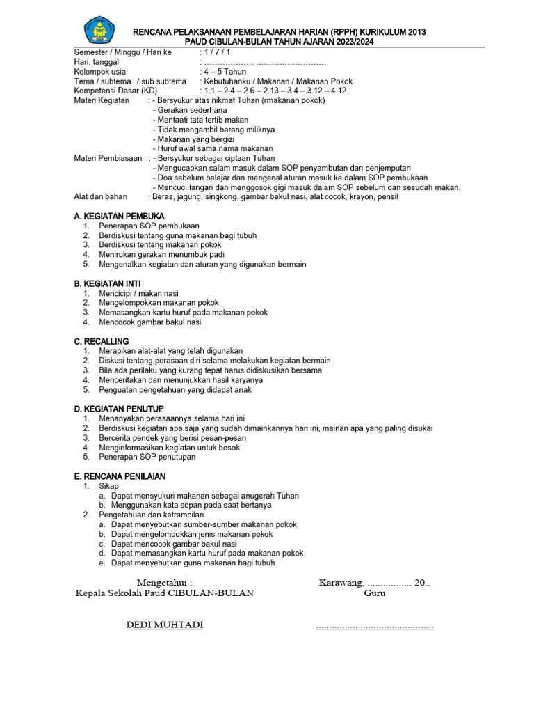 RPPH PAUD: Tema Makanan Sehat | PDF