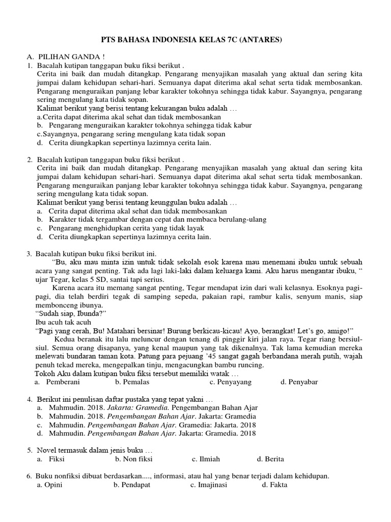 PTS BAHASA INDONESIA KELAS 7C Semester 2 | PDF | Fiksi Umum