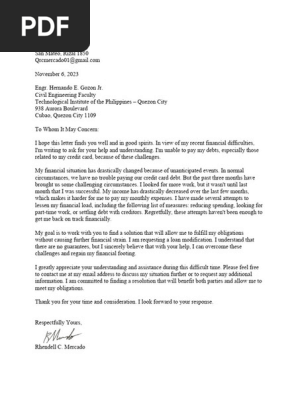 Hardship Letter