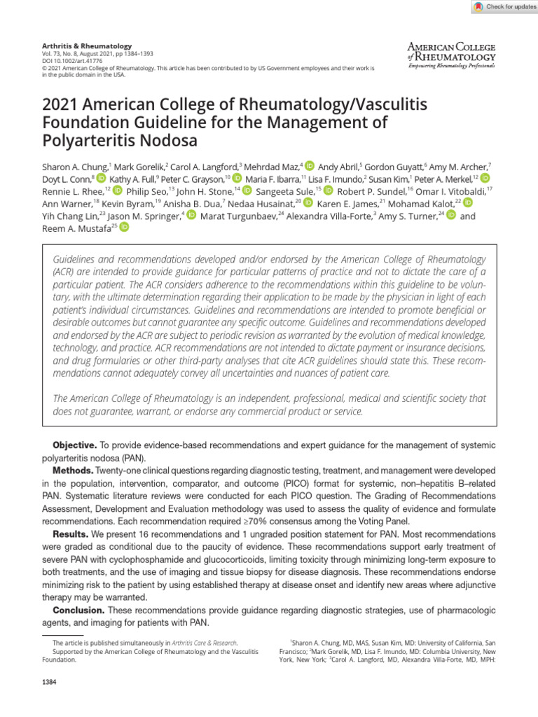 2021 ACR Guidelines for Polyarteritis Nodosa | PDF | Angiography ...