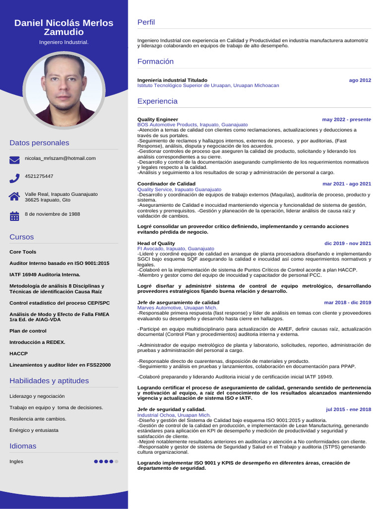 CV Daniel Nicolas Merlos Zamudio | PDF | Calidad (comercial) | Análisis ...