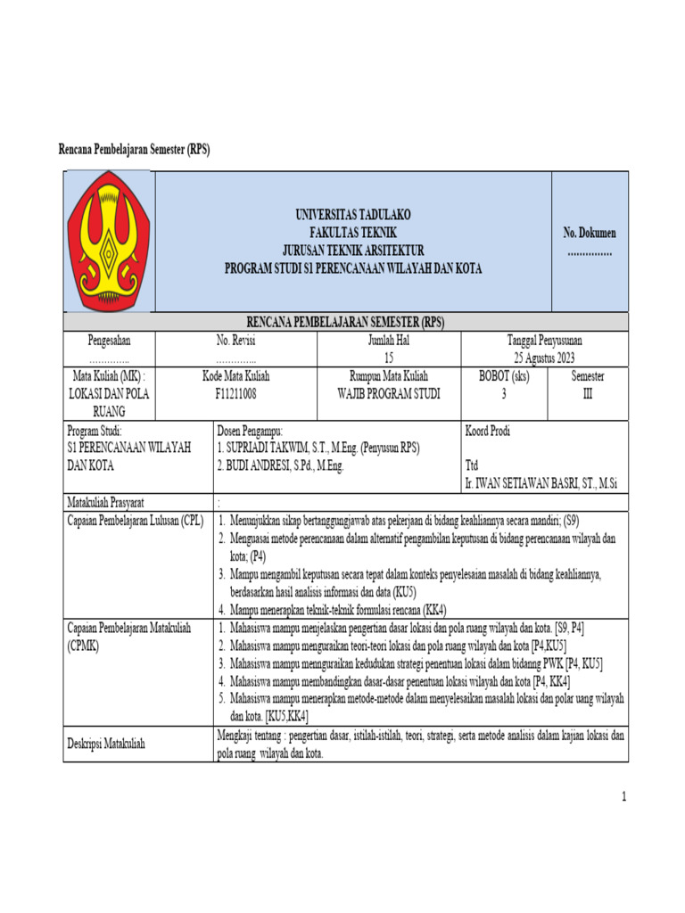 RPS Mata Kuliah Lokasi dan Pola Ruang | PDF