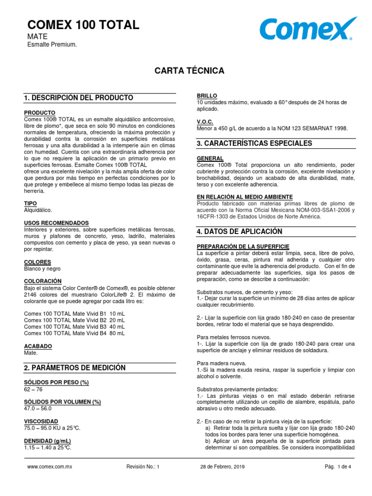 Ficha t cnica comex 100 total mate pdf pintar materiales