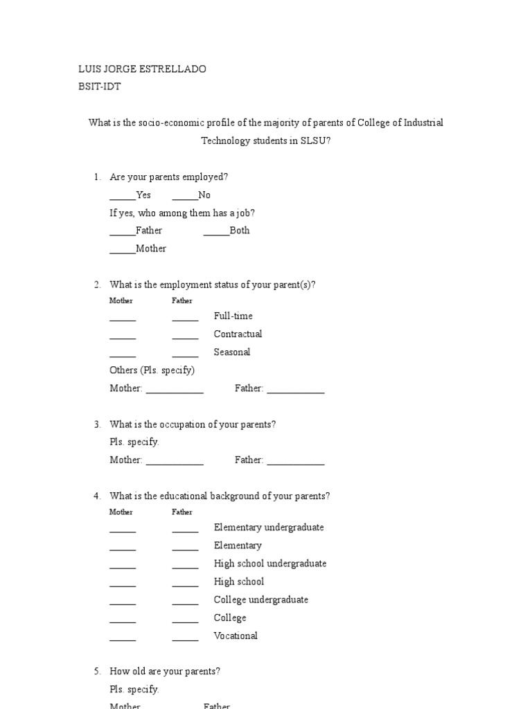 Socio-Economic Profile of SLSU Parents | PDF | Underemployment ...