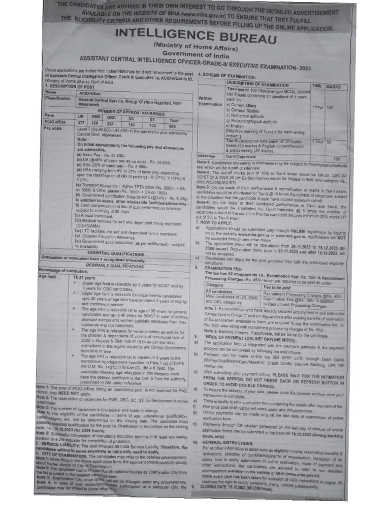 IB ACIO Notification PDF