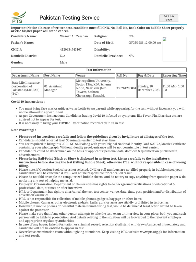 PTS Test Guidelines for Candidates | PDF