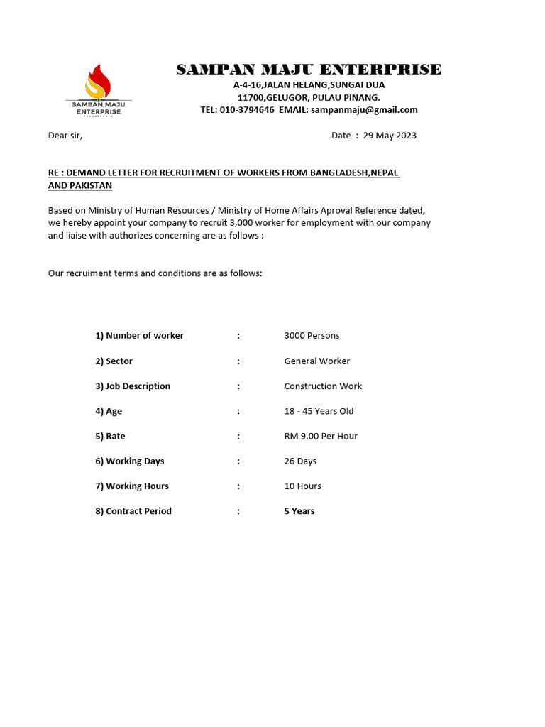 Demand letter pdf employment foreign worker