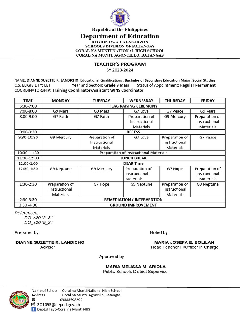 TEACHER AND CLASS PROGRAM 2023 2024portrait | PDF | Planets In ...