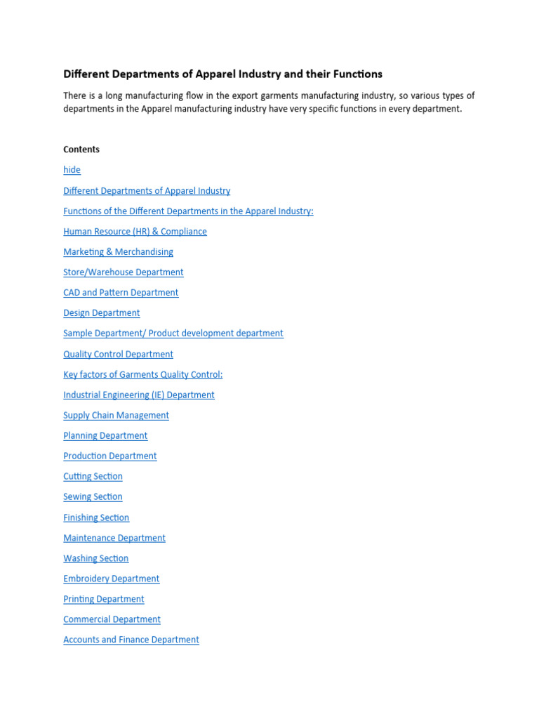 Different Departments of Apparel Industry and Their Functions PDF