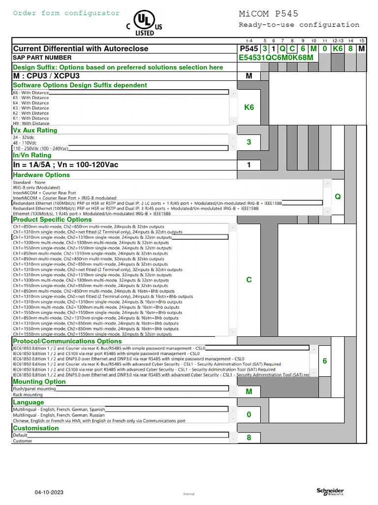 MiCOM P545 Configuration Order Form | PDF