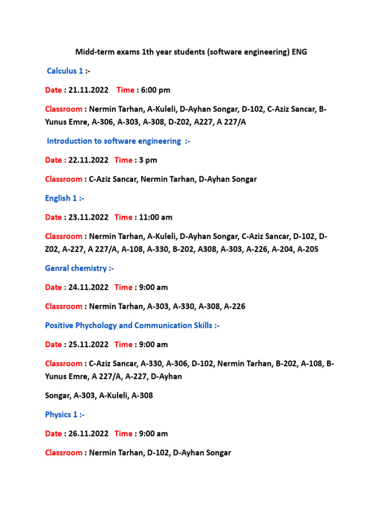 Midterm Exam Schedule for 1st Year SE | PDF
