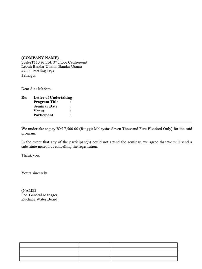 Letter of Undertaking for Seminar Payment | PDF