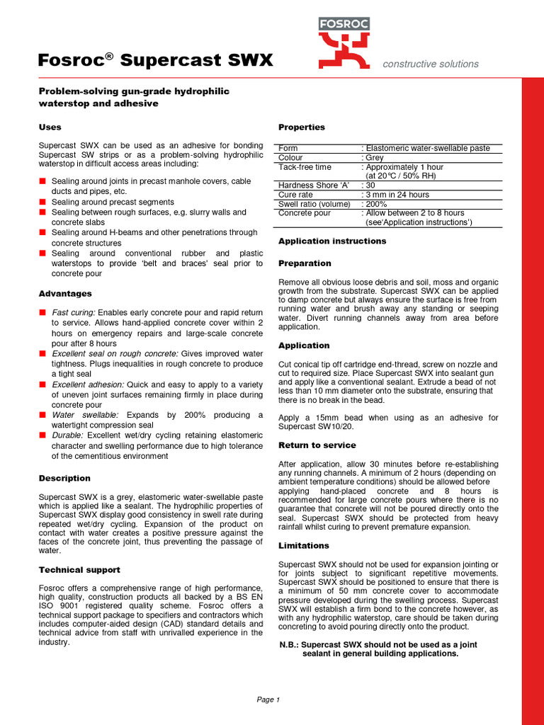 Fosroc Supercast SWX TDS Additive Download Free PDF Concrete Adhesive