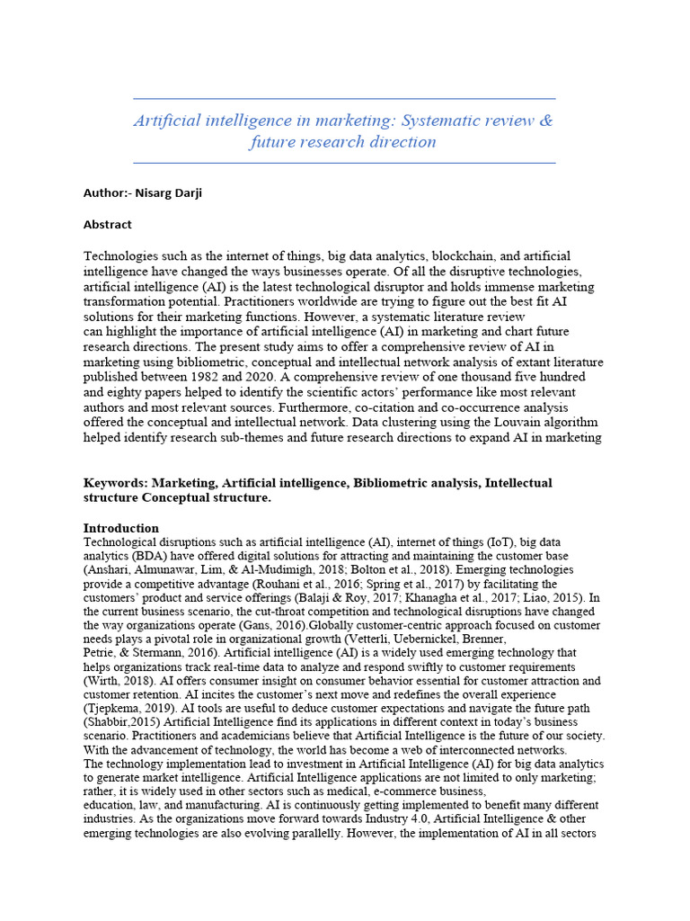 Ai In Marketing Review Future Directions Pdf Artificial