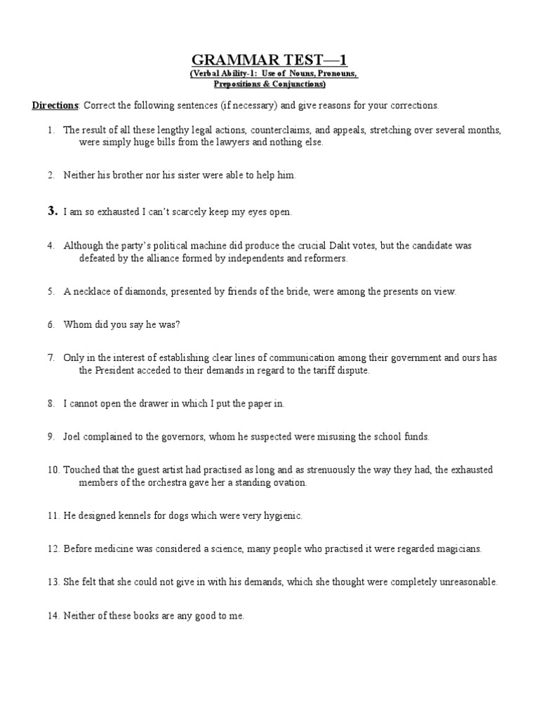 Grammar Correction Test Instructions | PDF | Verb | Preposition And ...