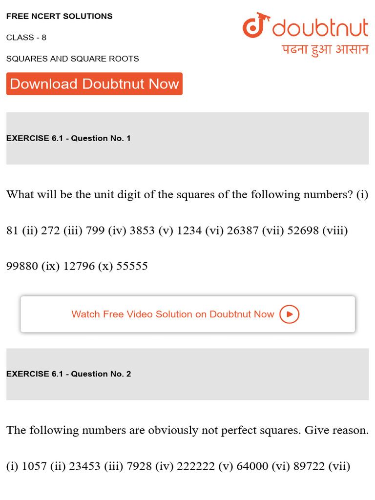 NCERT Class 8 Squares & Roots Solutions | PDF | Numbers | Square Root