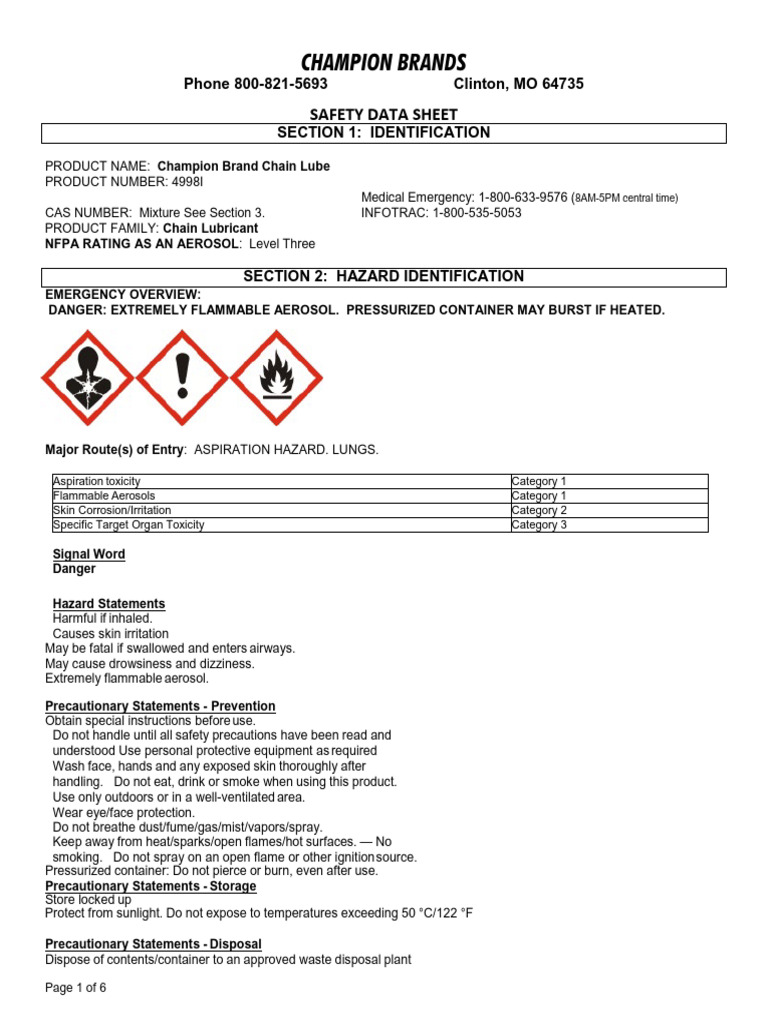 MSDS Champion Chain Lube SDS PDF Toxicity Distillation