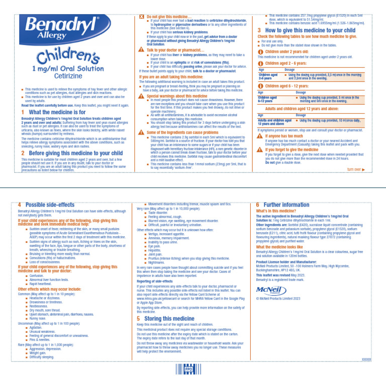 Benadryl Allergy Patient Leaflet PDF Allergy Medicine