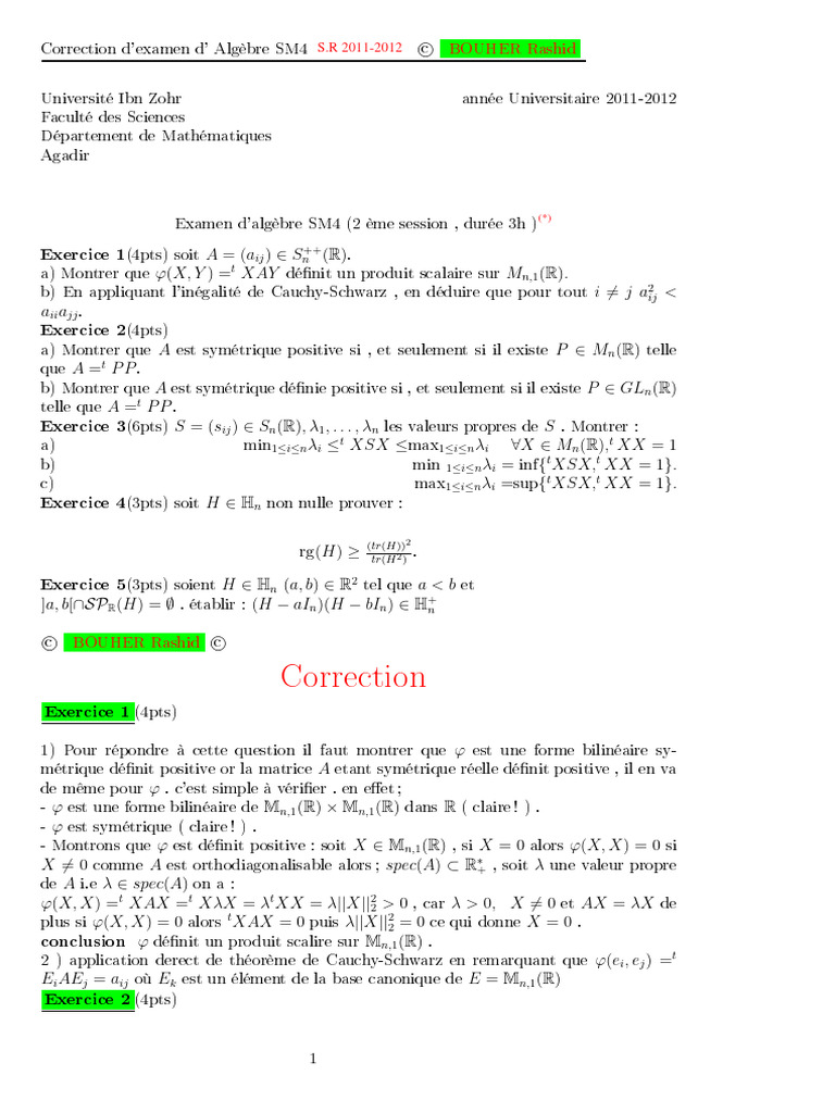 Correction Examen Algèbre SM4 2011-2012 | PDF | Objets mathématiques ...