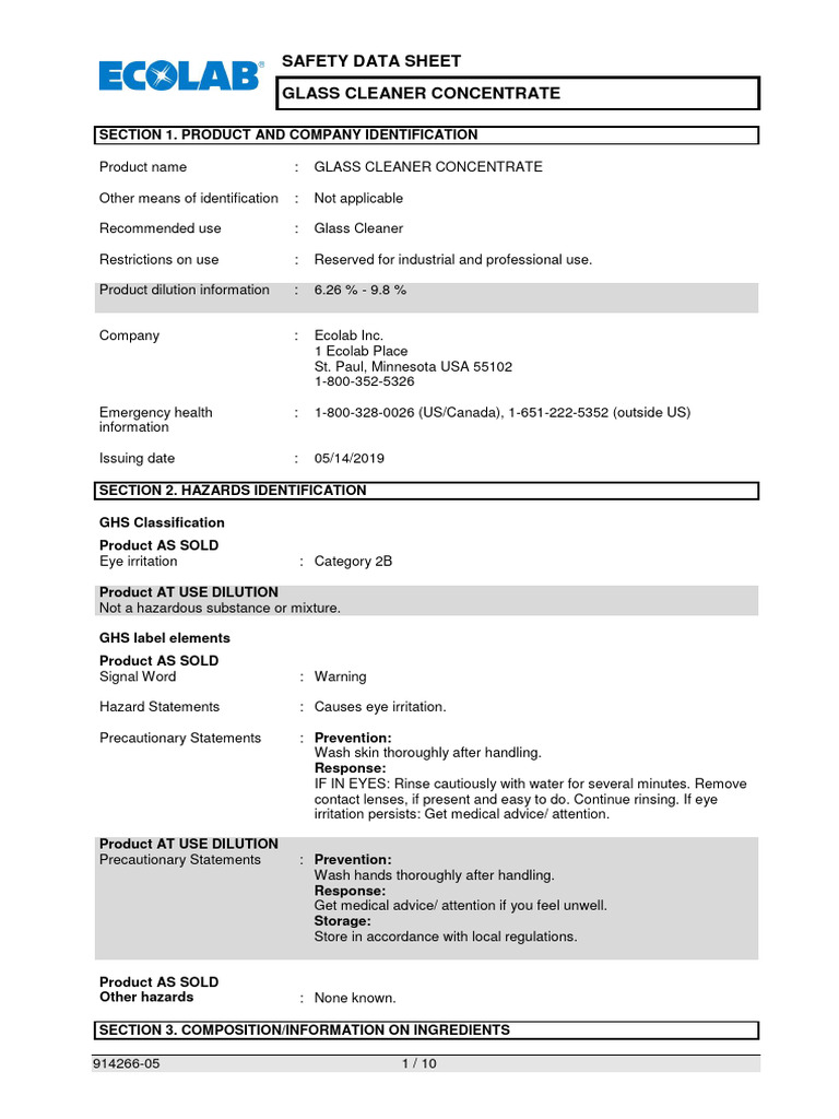 GLASS CLEANER CONCENTRATE English PDF Toxicity Dangerous Goods