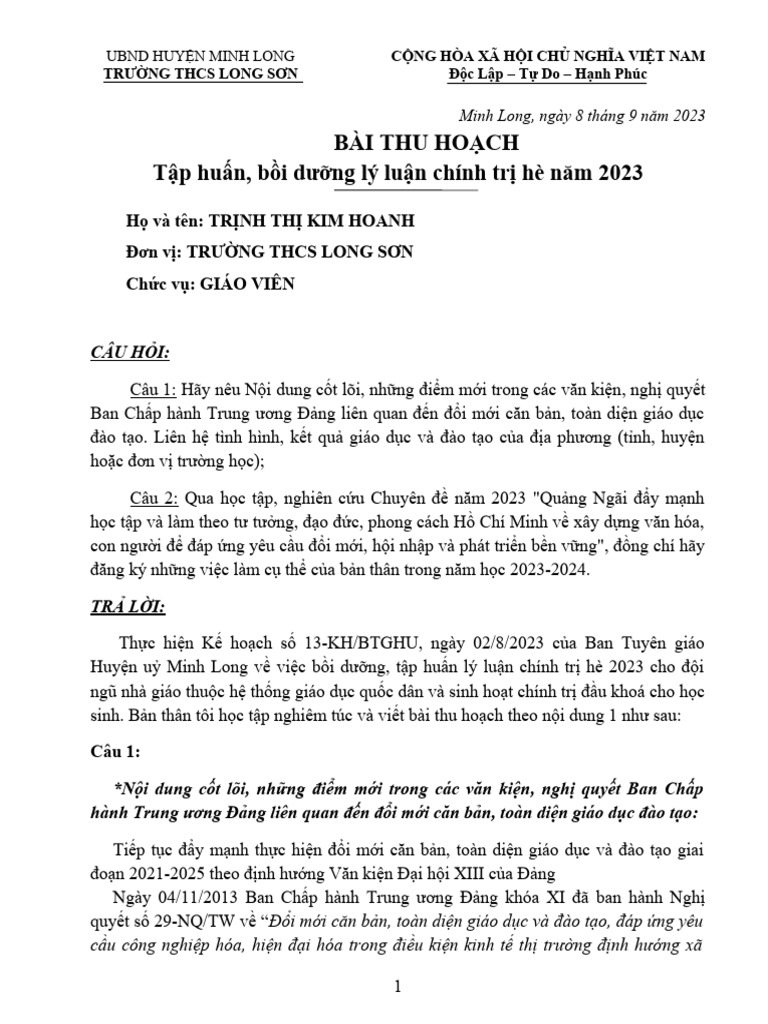 Bài Thu Hoạch Chinh Trị Hè 2023 | PDF