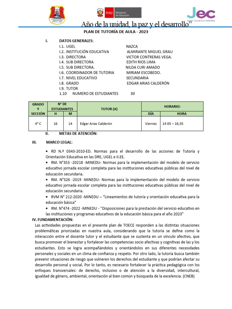 Plan de Aula de Tutoría - 2023 | PDF | Discriminación | Salón de clases