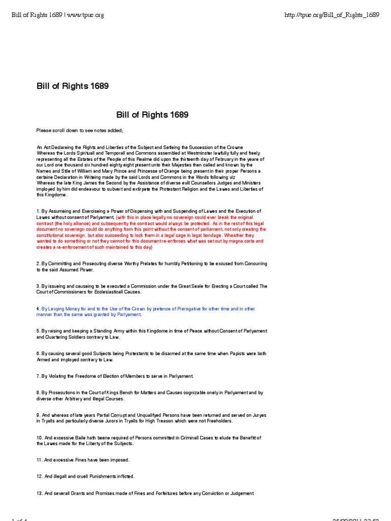 Bill of Rights 1689 | PDF | Oath Of Office | Parliament Of The United ...