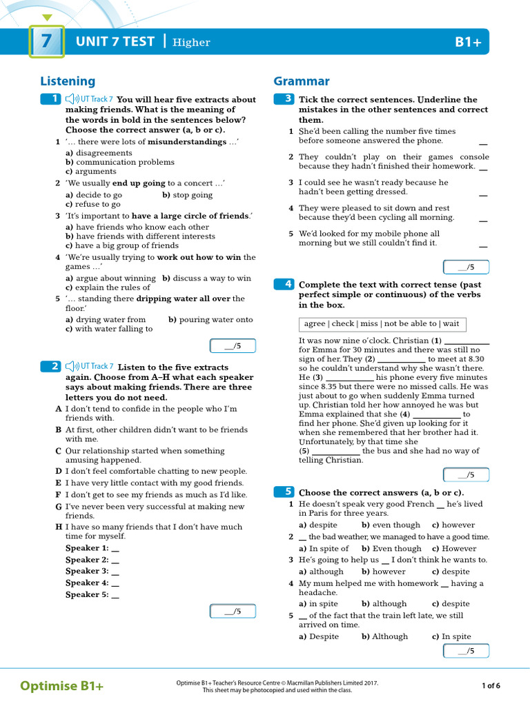 Optimise B1+ Unit 7 Test Guide | PDF