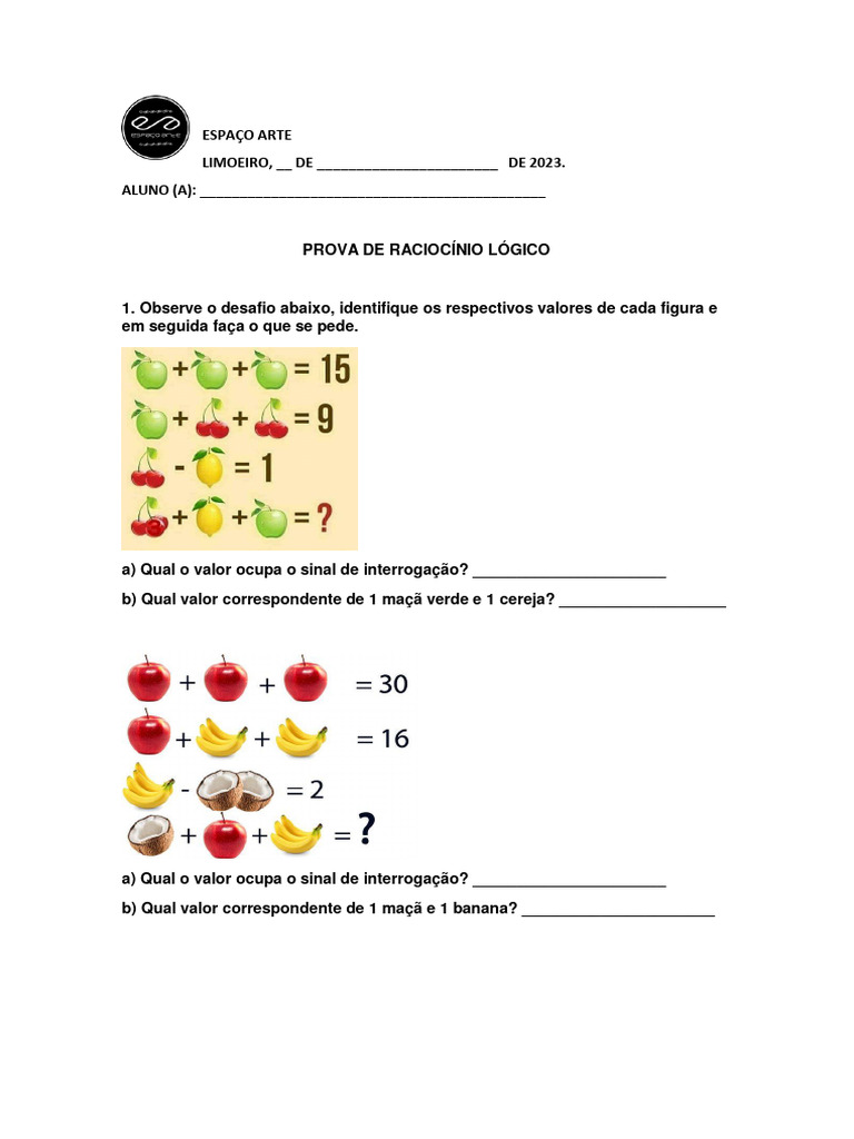 Prova de Raciocínio Lógico 3º Ano | PDF | Métodos e Materiais de Ensino ...