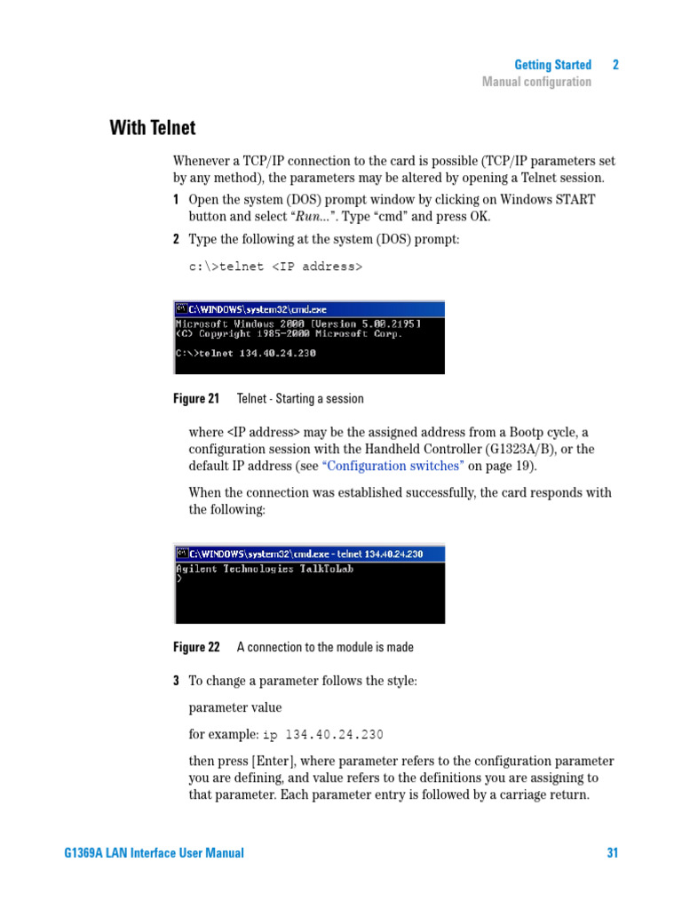 G1369A LAN Setup via Telnet Guide | PDF | Ip Address | Shell (Computing)