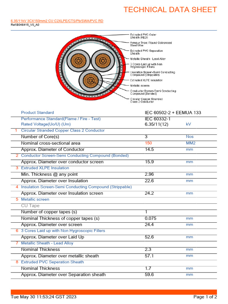 6.35/11kV 3CX150mm² Copper Cable Data | PDF | Electrical Resistivity ...