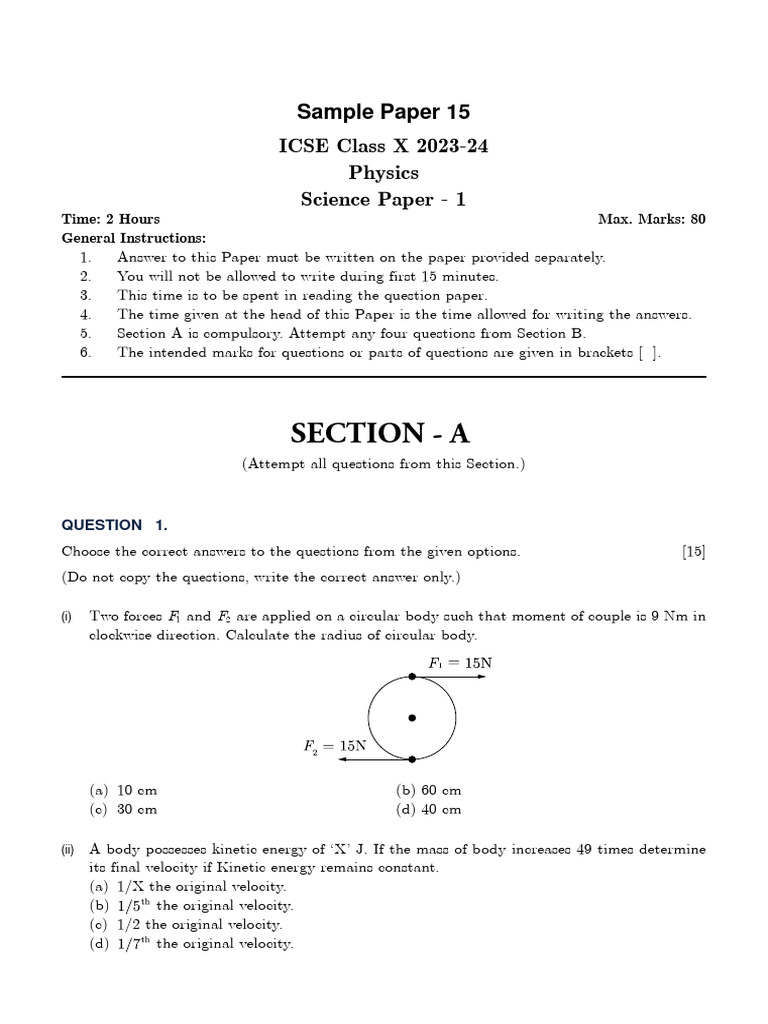 ICSE Class 10 Physics Sample Paper 15 | PDF | Radiation | Heat