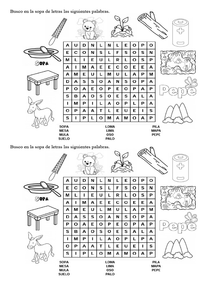 Sopa de Letras M, P, S, L Palabras | PDF
