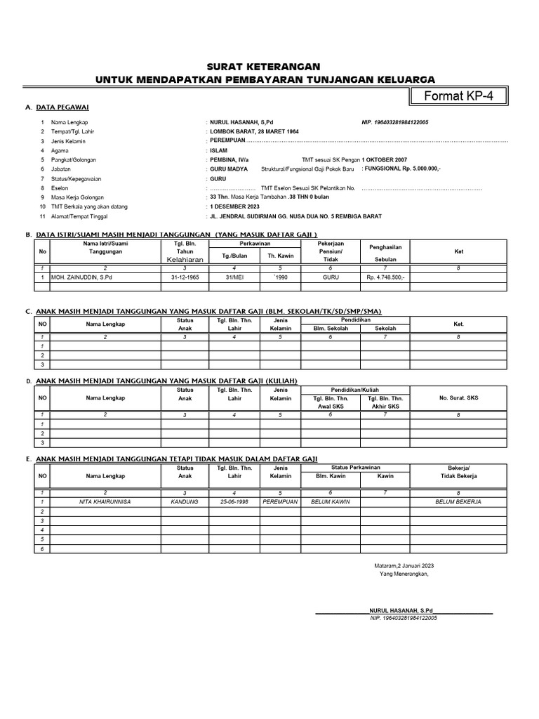 Format dan Contoh Form KP-4 PNS | PDF