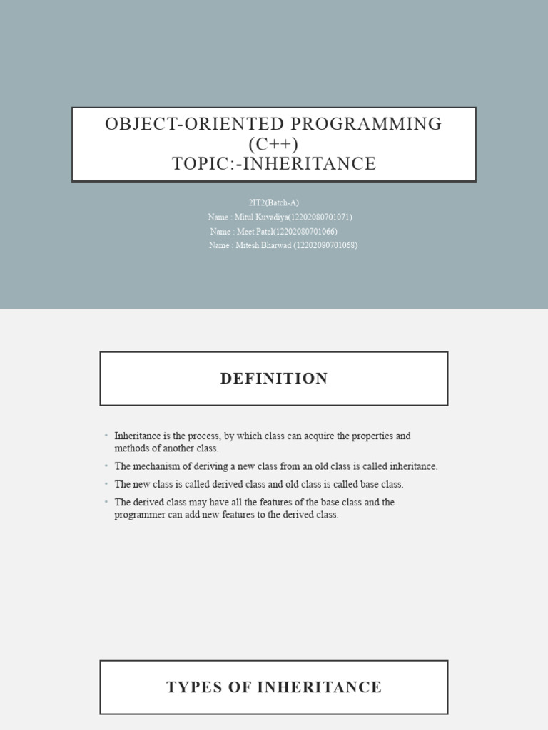 Object-Oriented Programming (C++) Topic:-Inheritance | PDF | Class ... image.