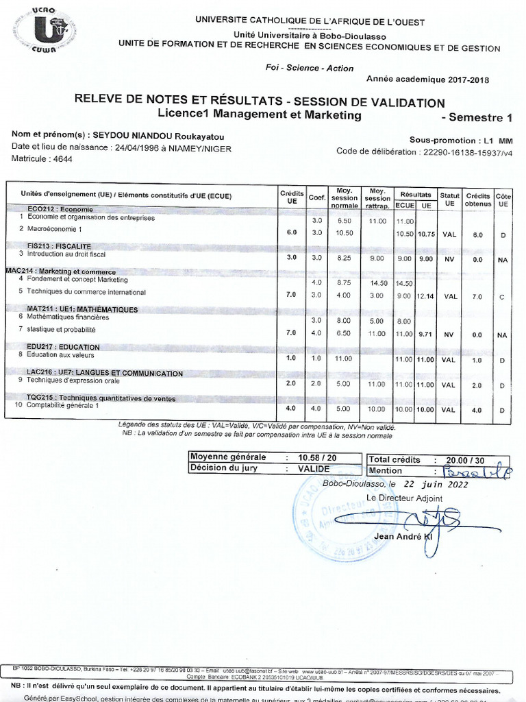 Releve de Notes | PDF