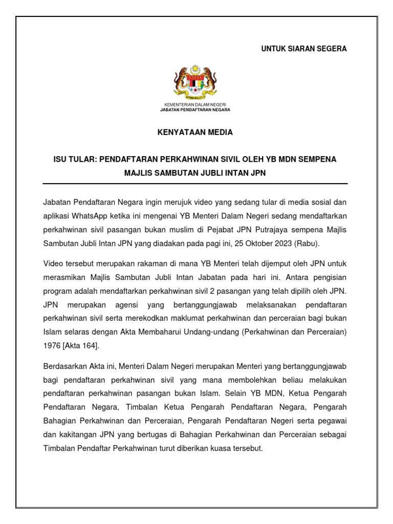 Isu tular pendaftaran perkahwinan sivil oleh yb mdn sempena majlis pdf