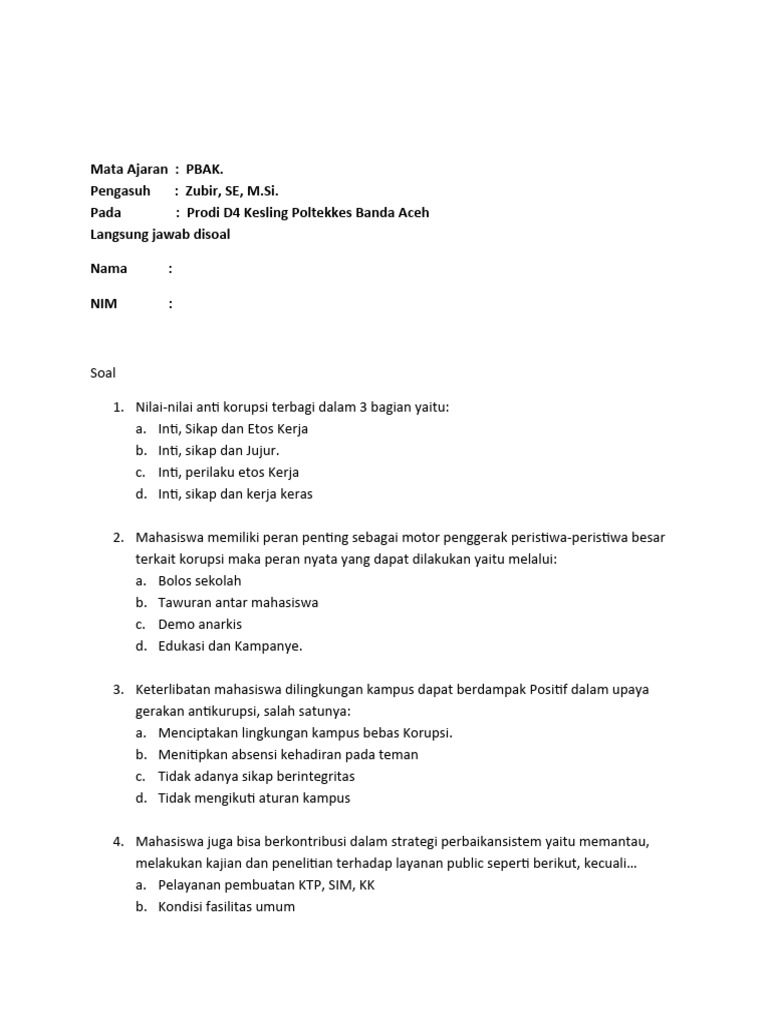 Soal Ujian PBAK | PDF