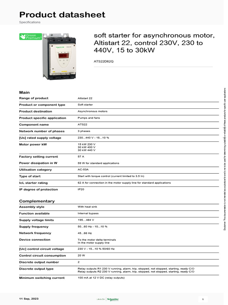Altistart 22 Soft Starter Datasheet | PDF | Electric Motor | Relay